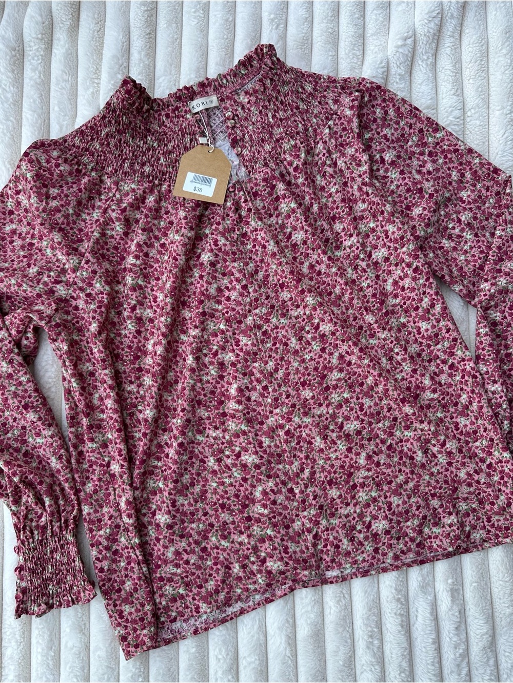 Kori Pink Floral Smocked-Neck Long Sleeve Top